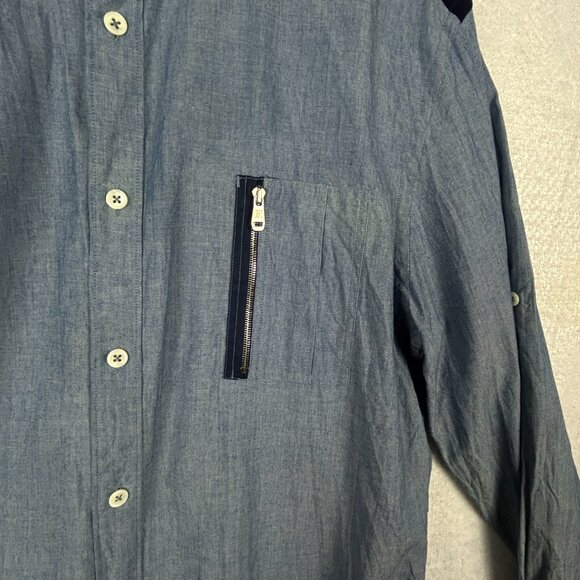 Faconnable Shirt Mens L Chambray Contempory Blue Corduroy Yoke Roll Tab Sleeve - Picture 6 of 16
